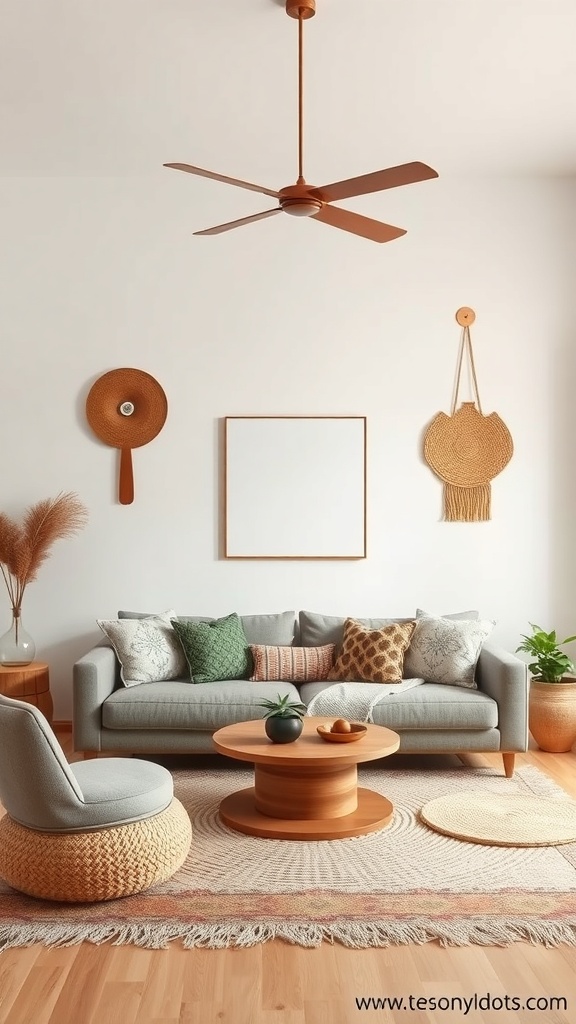 A cozy living room featuring a gray sofa with patterned pillows, a round wooden coffee table, and cultural artifacts on the walls.