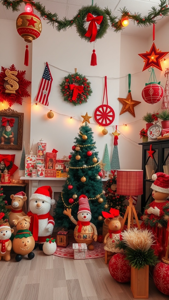 A cozy holiday decor scene featuring a Christmas tree, festive ornaments, and cheerful decorations.