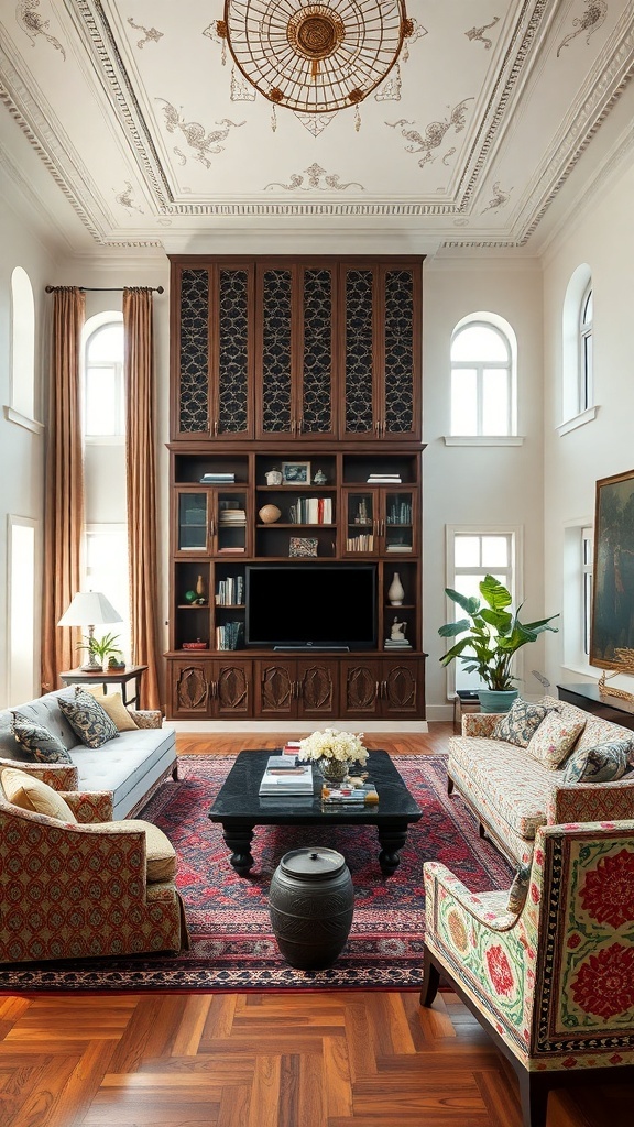 A beautifully decorated living room featuring a patterned rug, elegant furniture, and a detailed ceiling.