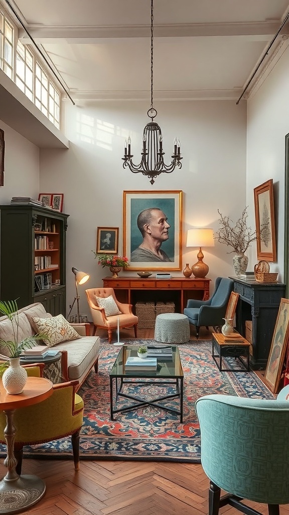 Ein stilvolles Wohnzimmer mit kulturellen Einflüssen, modernen Möbeln und Kunstwerken.