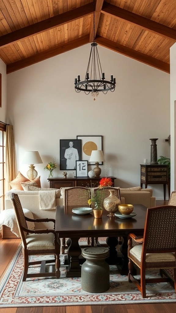 Open concept living and dining room with wooden beams and elegant decor