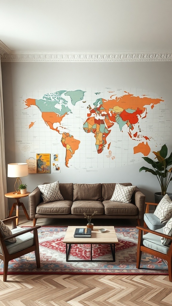 A colorful world map mural on a living room wall, with a cozy sofa and chairs in front.
