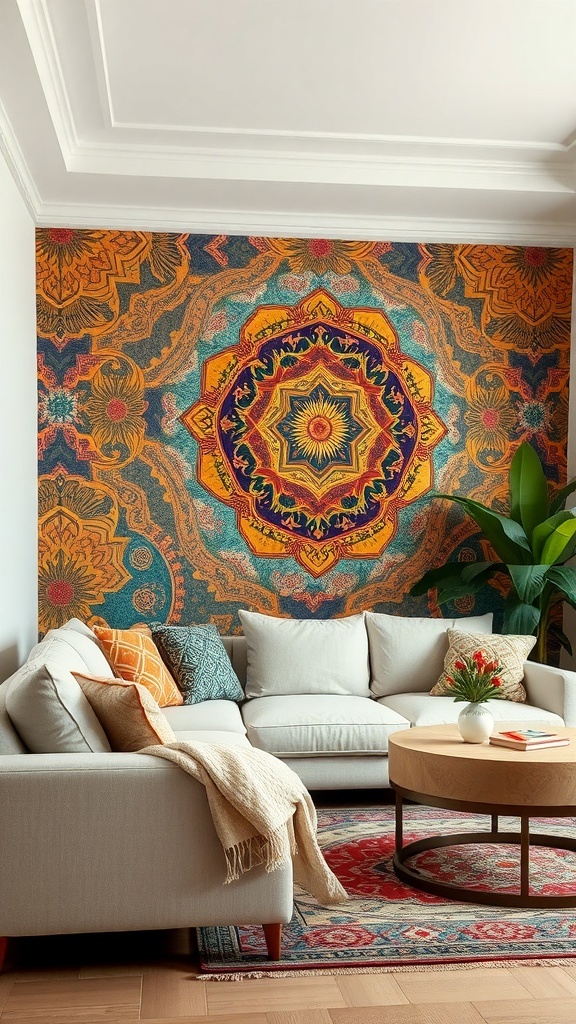 A living room featuring a vibrant cultural mural with a mandala design on the wall, surrounded by cozy furniture.