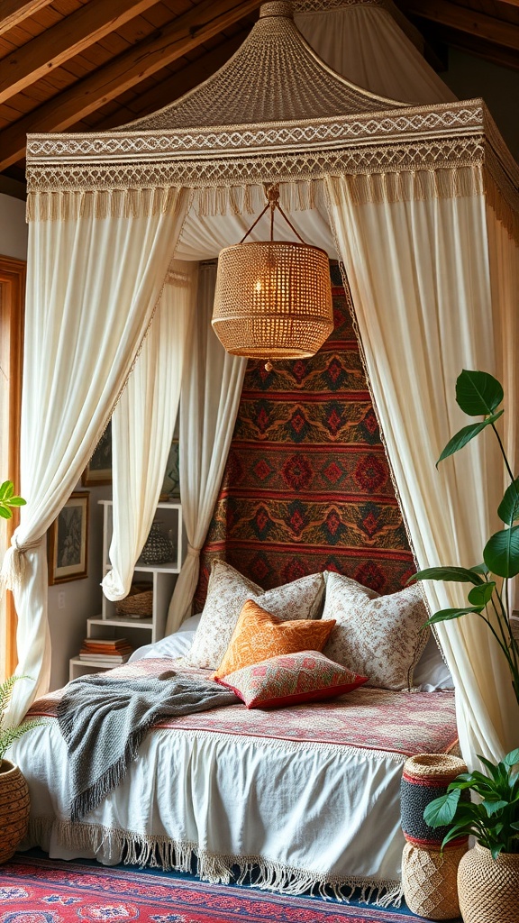 A boho canopy bedroom with intricate textiles, warm pillows, and a woven light fixture.