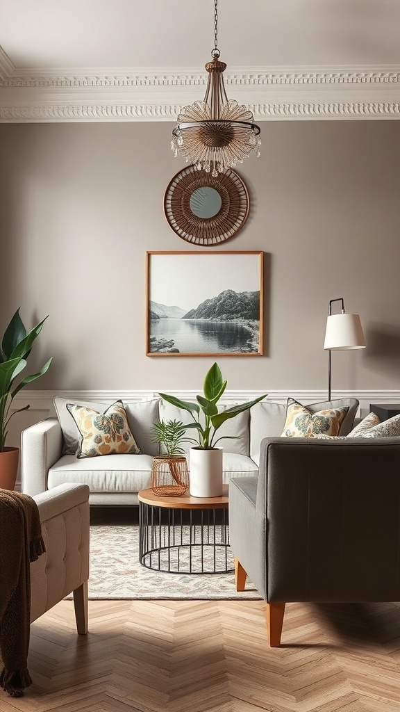 Stylish living room with a chandelier, artwork, plants, and cozy furniture