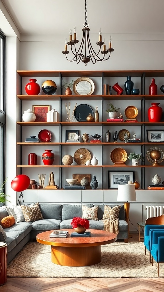 Ein stilvolles Wohnzimmer mit einer Sammlung von dekorativen Objekten in Kirschrot und Indigo auf einem Regal.