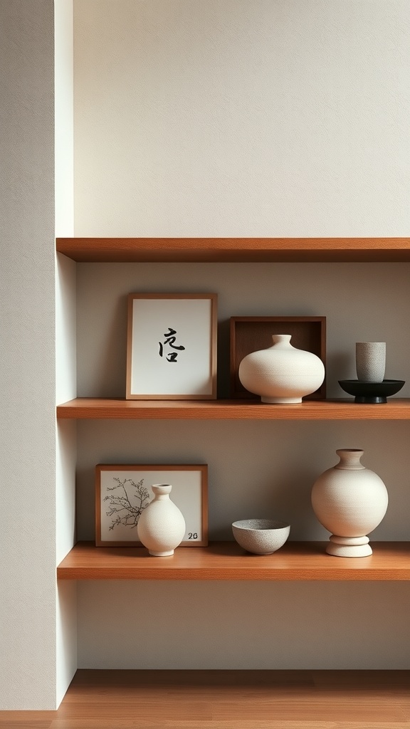A minimalist shelf displaying pottery and framed art in a Japandi style interior.