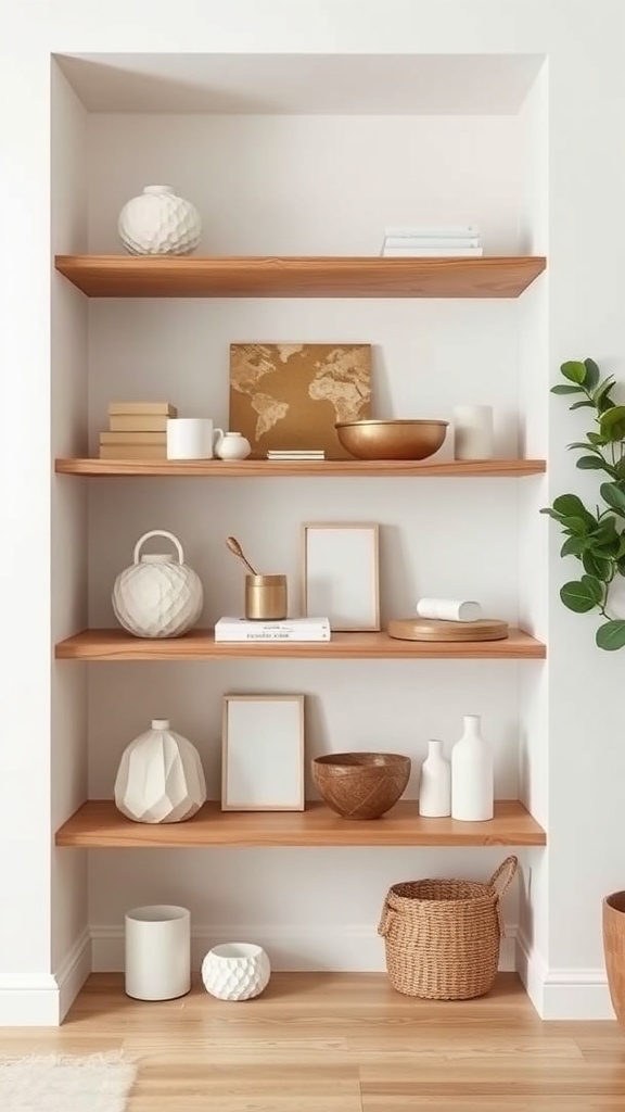 A minimalist shelf with wooden shelves displaying various decorative items in neutral colors.