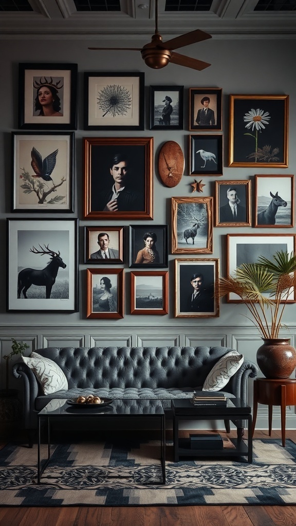 Eine stilvolle Galerie-Wand mit verschiedenen Kunstwerken und Fotografien in unterschiedlichen Rahmen.