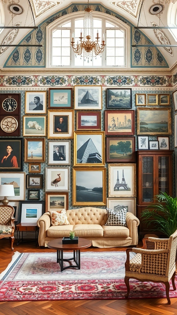A cozy living room with a gallery wall filled with various framed artworks, a beige couch, and a round coffee table.