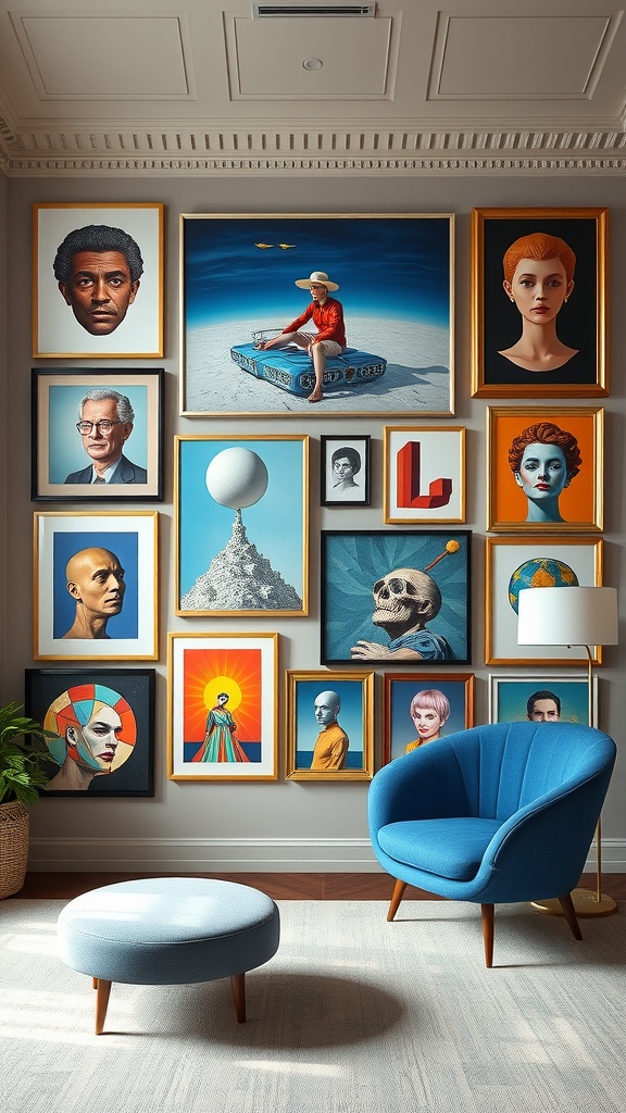 A curated gallery wall featuring various art pieces in colorful frames, with a cozy blue chair and ottoman in the foreground.