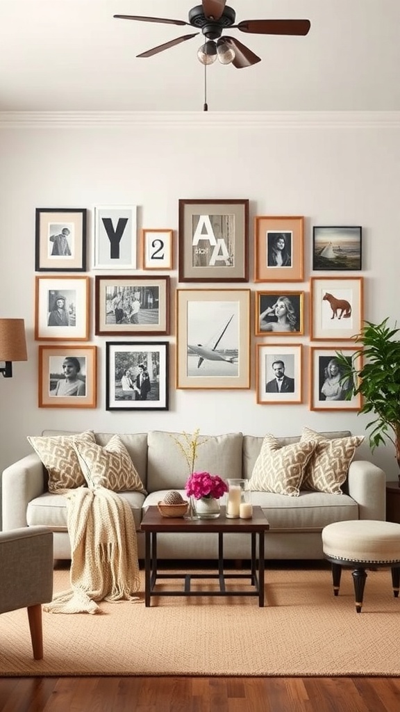 Cozy living room with a gallery wall featuring various framed photos and art.