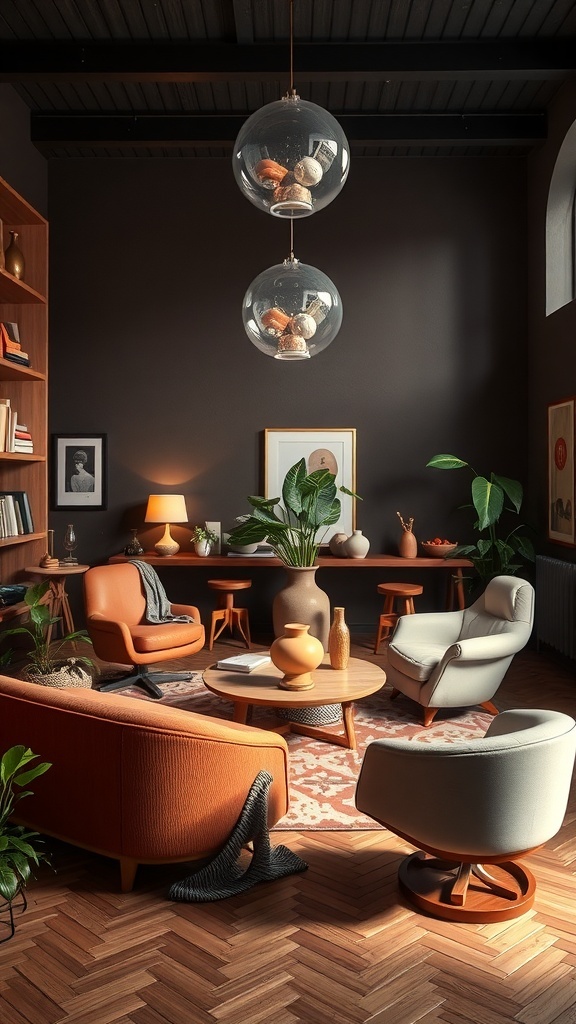 A cozy living room featuring curved furniture shapes, warm colors, and plants, creating an inviting atmosphere.