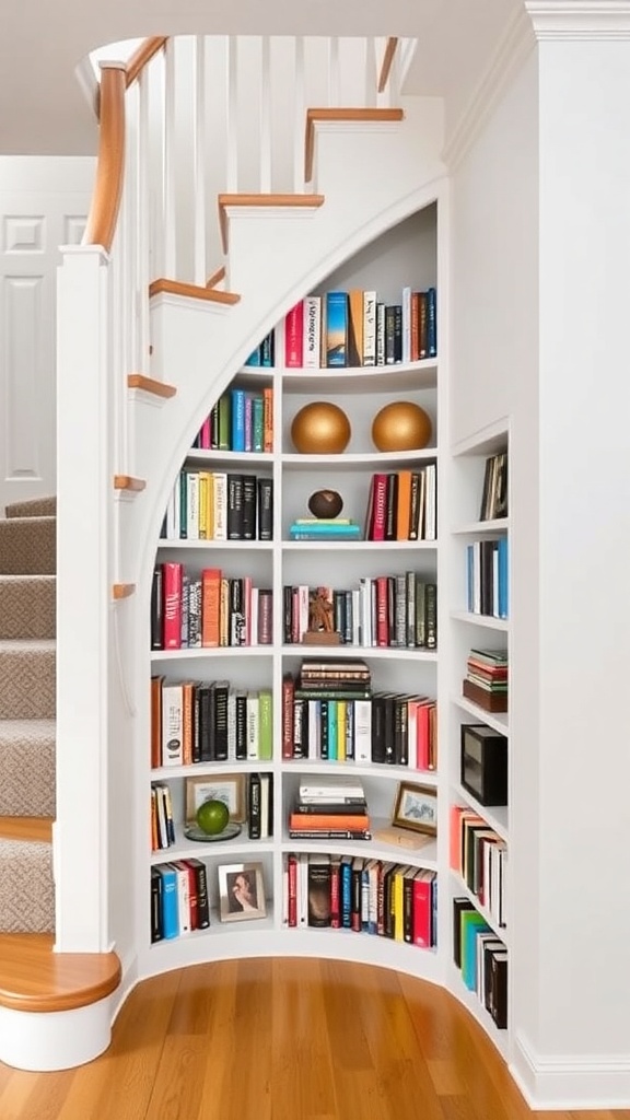 Curved bookshelf under the stairs filled with books and decorative items