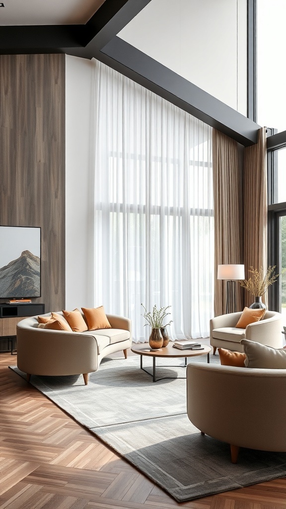 Ein modernes Wohnzimmer mit kurvigen Möbeln, großen Fenstern und einer warmen Farbpalette.