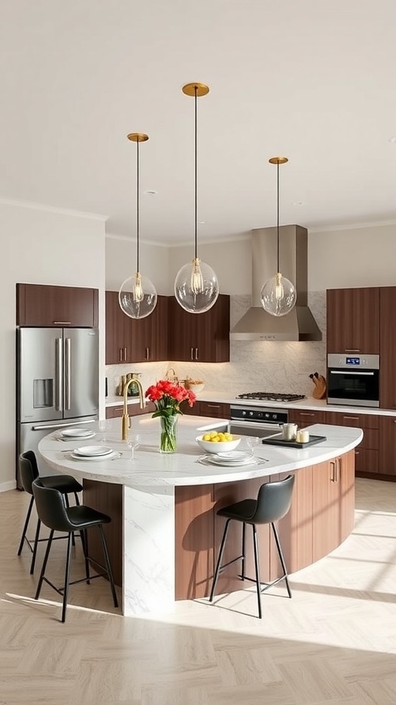 A modern kitchen featuring a curved island with a marble top, warm wood cabinetry, and stylish pendant lights.