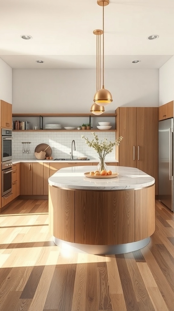 Curved kitchen island with wood and marble design, featuring pendant lights and a warm atmosphere.