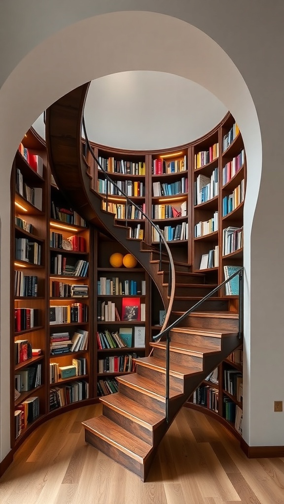 Curved staircase with bookshelves integrated into the design, showcasing a cozy reading area.