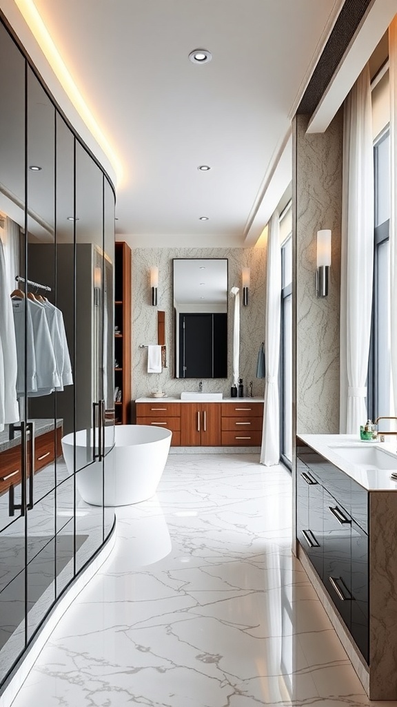 Curved walkway leading to a bathroom with glass doors, featuring sleek cabinetry and a freestanding tub.