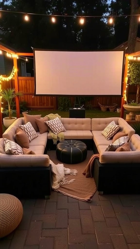 Cozy outdoor cinema setup with a cushioned sofa, pillows, and a movie screen