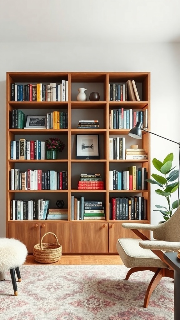 A custom wooden bookshelf filled with books and decorative items in a cozy living space