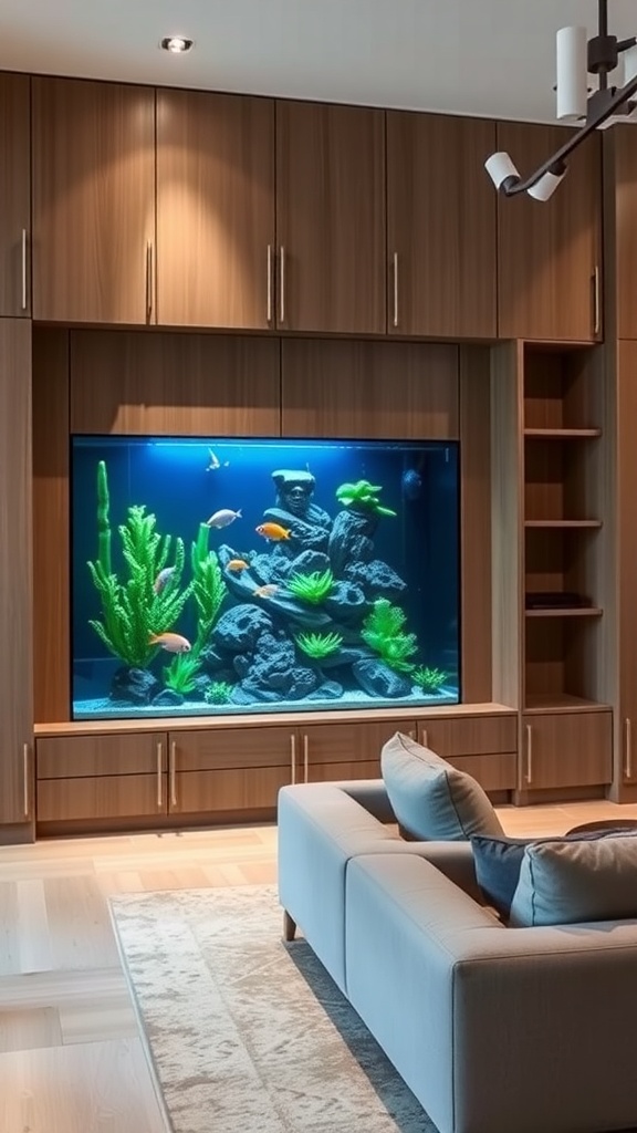 A custom built-in aquarium integrated into wooden cabinetry, featuring colorful fish and aquatic plants.