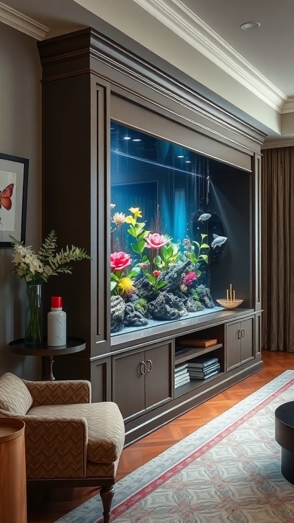 A custom built-in aquarium with colorful fish and plants, surrounded by elegant cabinetry.