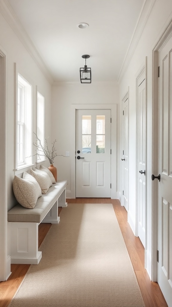 A hallway featuring a built-in bench with cushions, natural light from windows, and a door leading outside.