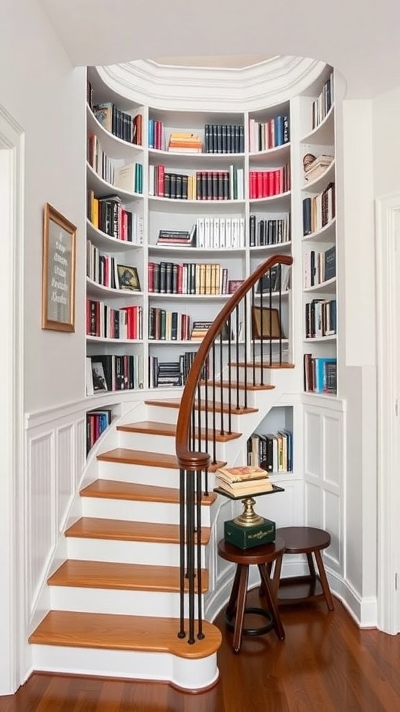 A custom built-in bookshelf surrounding a staircase, featuring neatly arranged books and a small table.