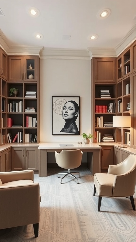 A modern home office featuring custom built-in shelves, a sleek desk, and comfortable seating.