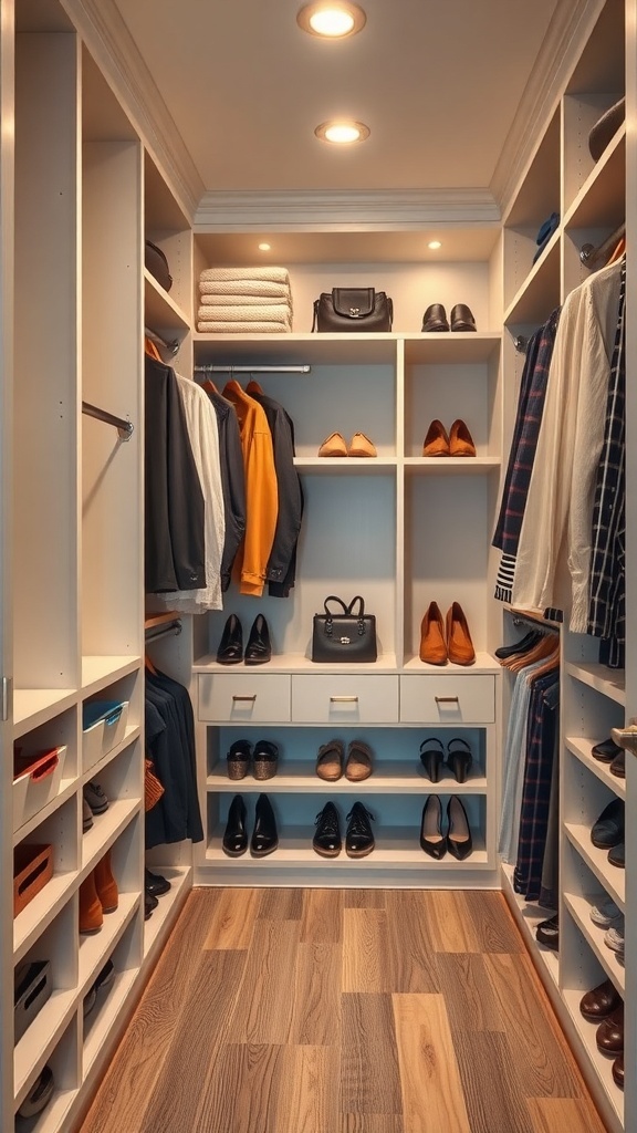 A small walk-in closet featuring custom built-in shelves, organized clothing, and in-wall shoe storage.
