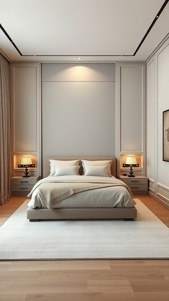 A modern bedroom with custom built-in storage, featuring a bed, nightstands, and a neutral color scheme.