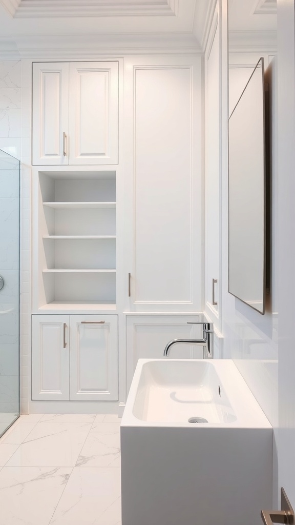 Modern bathroom with custom built-in storage and sleek design
