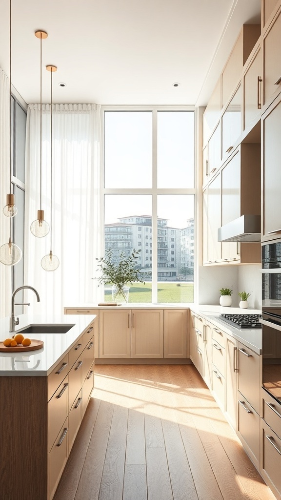 A modern kitchen featuring custom cabinetry, large windows, and a bright, airy atmosphere.