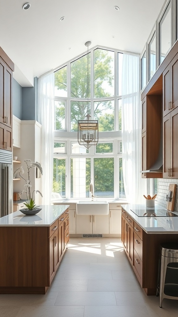 A modern luxury kitchen featuring custom wooden cabinetry, large windows, and a bright atmosphere.