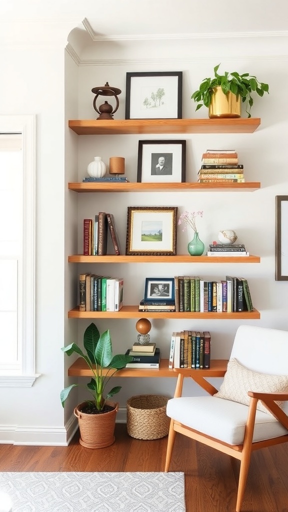 Custom shelving with wood brackets displaying books, plants, and decorative items.