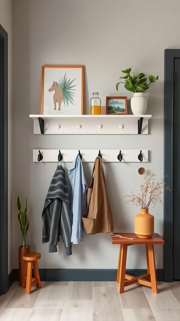A wall-mounted coat rack with hooks and decorative items above it.