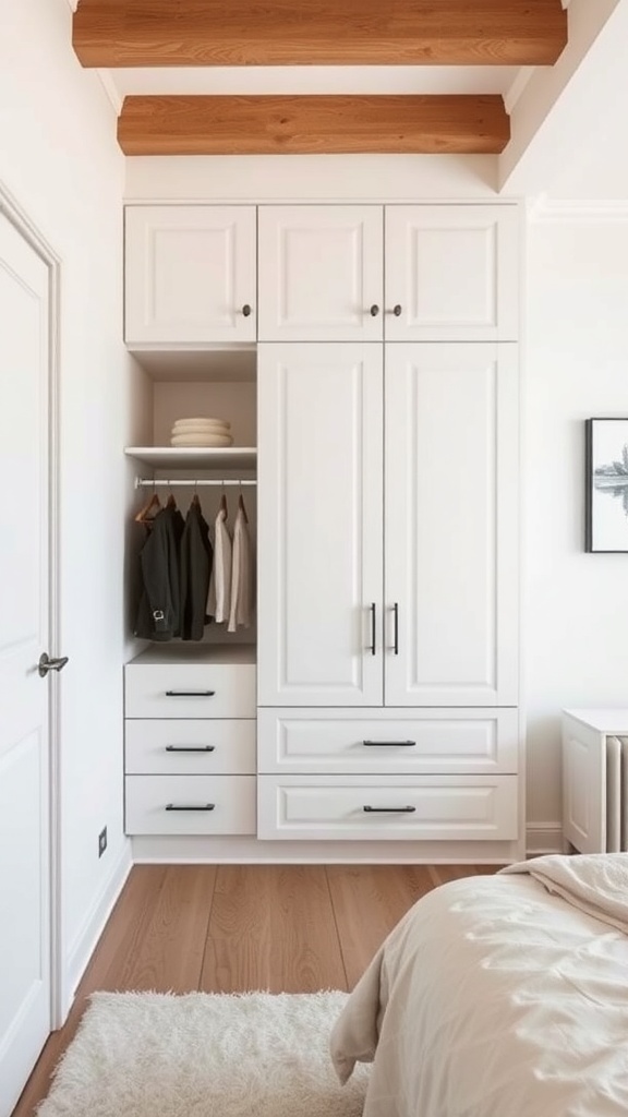 A small bedroom with a built-in white wardrobe featuring drawers and hanging space, complemented by wooden beams.