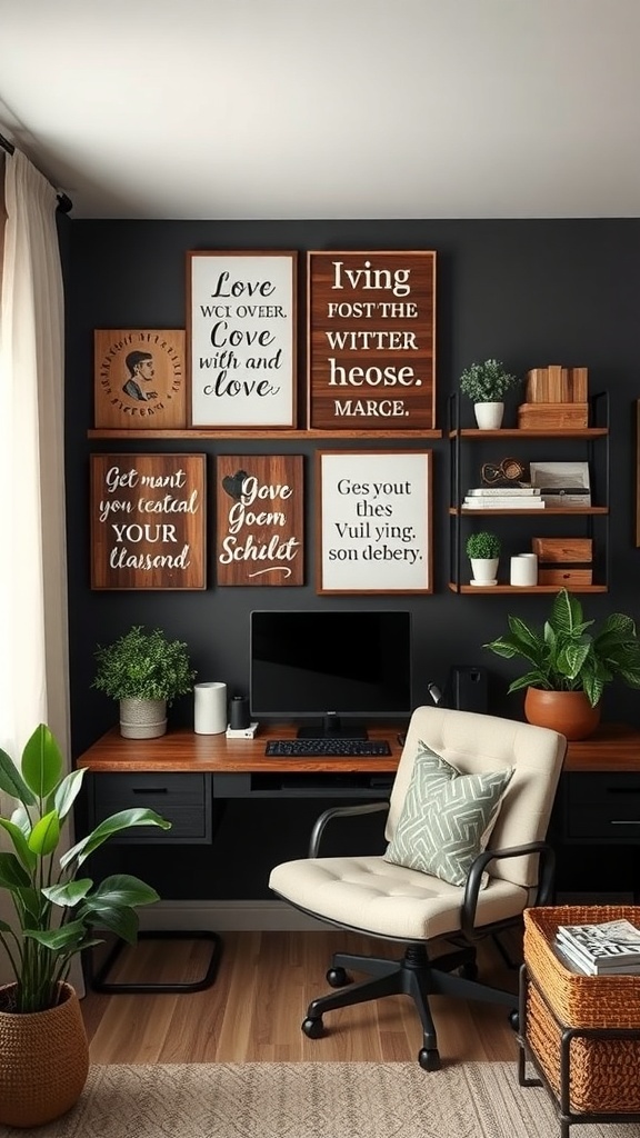 A cozy workspace featuring a gallery wall of custom wooden signs with various messages.
