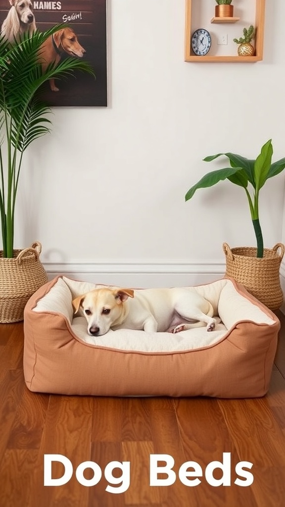 A cozy dog bed with a dog resting inside, surrounded by plants and home decor.