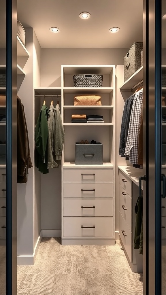 A well-organized closet with shelves, drawers, and hanging space, showcasing a stylish and functional design.