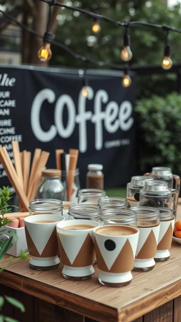 A customizable coffee cup station with stylish cups and jars of coffee essentials.
