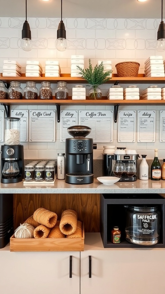 A cozy coffee bar featuring customizable recipe cards, jars of coffee beans, and brewing equipment.