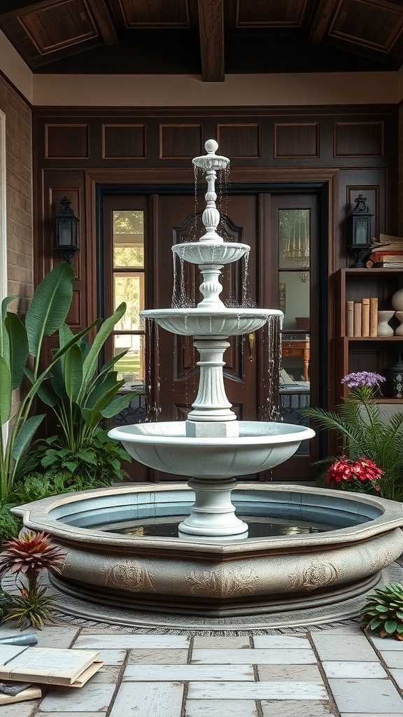 A beautiful three-tiered fountain surrounded by lush plants and flowers.