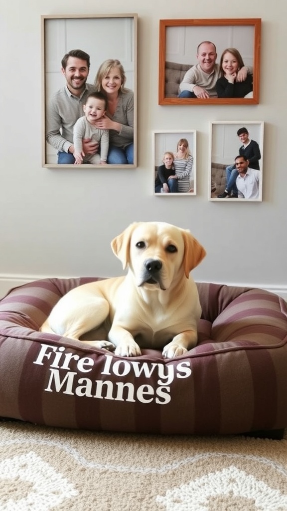 A dog relaxing in a customizable dog bed with the name 'Fmnance' on it, surrounded by a cozy home environment.