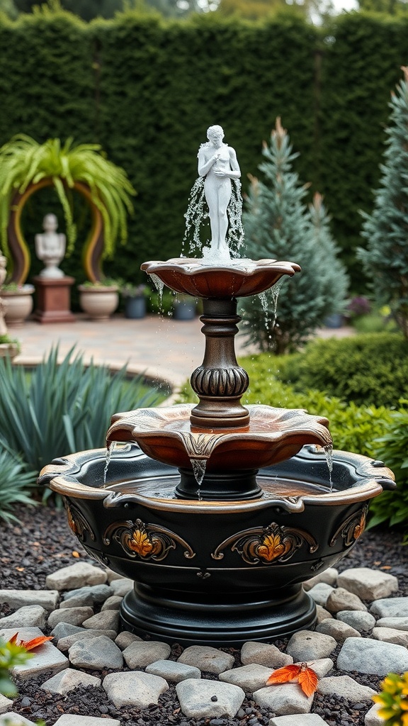 A decorative garden fountain featuring a statue, surrounded by greenery and stones.