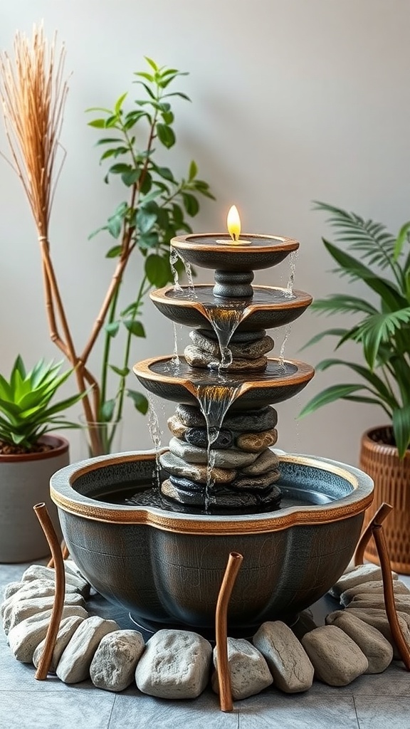 A customizable indoor fountain with multiple tiers, natural stones, and surrounding plants.