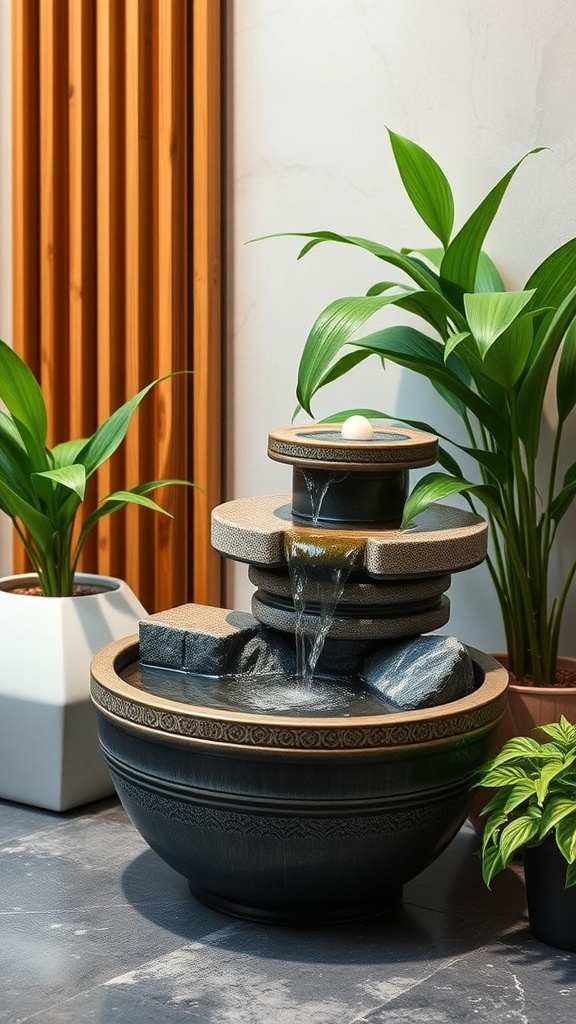 A customizable modular fountain with a tiered design, surrounded by green plants.