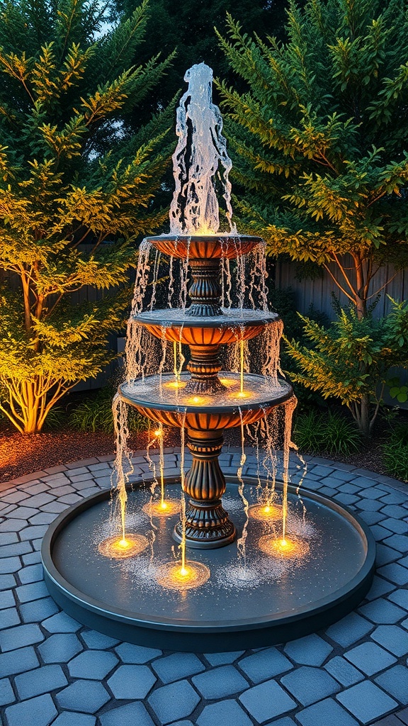 A beautiful customizable modular fountain in an entryway surrounded by lush greenery.