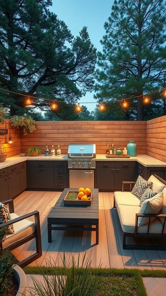 A modern outdoor grill corner featuring a customizable modular grill unit, dark cabinetry, light countertops, cozy seating, and string lights.